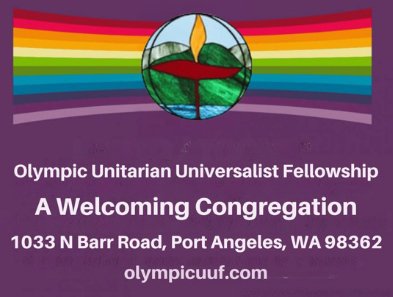 L G B T Q + rainbow behind Unitarian candle logo